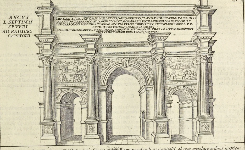 An illustration from Splendore dell'antica e moderna Roma : nel qvale si rappresentano tutti i principali tempii, teatri, anfiteatri, cerchi, naumachie, archi trionfali, obelischi, palagii, terme, curie, basiliche, fatti delli ré, consoli, dittatori, & imperadori romani : dignità ciuili, e militari, ordine de' trionfi, nomi di tutti i trionfanti, sacrificio militare; colonna Traiana, colonna Antonina, colonna milliaria, colonna rostrata, & colonna bellica; con li più segnalati giardini de gli antichi, e moderni Romani & altre cose notabili, con fatti, & imprese di quelli, da'quali sono stati eretti, e dedicati. : et in questa vltima impressione abbellito di molti disegni antichi, e moderni; & aggiuntoui le descrittioni delle figure cauate dall'antichi medaglie de gl'imperadori, in quatto linguagi latino, italiano, tedesco, e francese, per vtilità commune, 1641, leaf 156