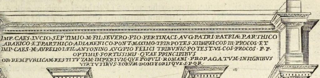 An illustration from Splendore dell'antica e moderna Roma : nel qvale si rappresentano tutti i principali tempii, teatri, anfiteatri, cerchi, naumachie, archi trionfali, obelischi, palagii, terme, curie, basiliche, fatti delli ré, consoli, dittatori, & imperadori romani : dignità ciuili, e militari, ordine de' trionfi, nomi di tutti i trionfanti, sacrificio militare; colonna Traiana, colonna Antonina, colonna milliaria, colonna rostrata, & colonna bellica; con li più segnalati giardini de gli antichi, e moderni Romani & altre cose notabili, con fatti, & imprese di quelli, da'quali sono stati eretti, e dedicati. : et in questa vltima impressione abbellito di molti disegni antichi, e moderni; & aggiuntoui le descrittioni delle figure cauate dall'antichi medaglie de gl'imperadori, in quatto linguagi latino, italiano, tedesco, e francese, per vtilità commune, 1641, leaf 156
