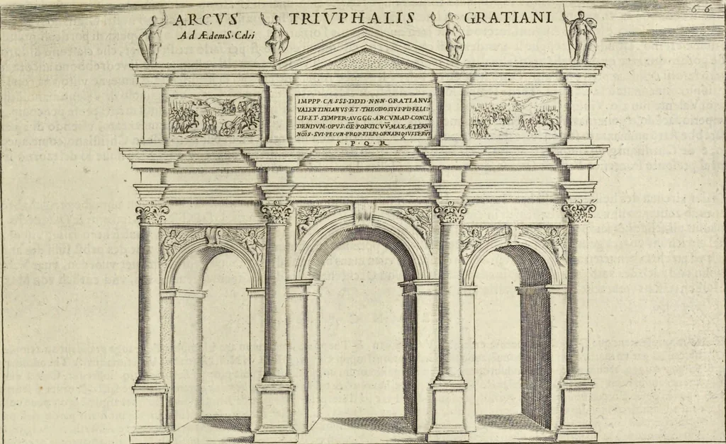 An illustration from Splendore dell'antica e moderna Roma : nel qvale si rappresentano tutti i principali tempii, teatri, anfiteatri, cerchi, naumachie, archi trionfali, obelischi, palagii, terme, curie, basiliche, fatti delli ré, consoli, dittatori, & imperadori romani : dignità ciuili, e militari, ordine de' trionfi, nomi di tutti i trionfanti, sacrificio militare; colonna Traiana, colonna Antonina, colonna milliaria, colonna rostrata, & colonna bellica; con li più segnalati giardini de gli antichi, e moderni Romani & altre cose notabili, con fatti, & imprese di quelli, da'quali sono stati eretti, e dedicati. : et in questa vltima impressione abbellito di molti disegni antichi, e moderni; & aggiuntoui le descrittioni delle figure cauate dall'antichi medaglie de gl'imperadori, in quatto linguagi latino, italiano, tedesco, e francese, per vtilità commune, 1641, leaf 158