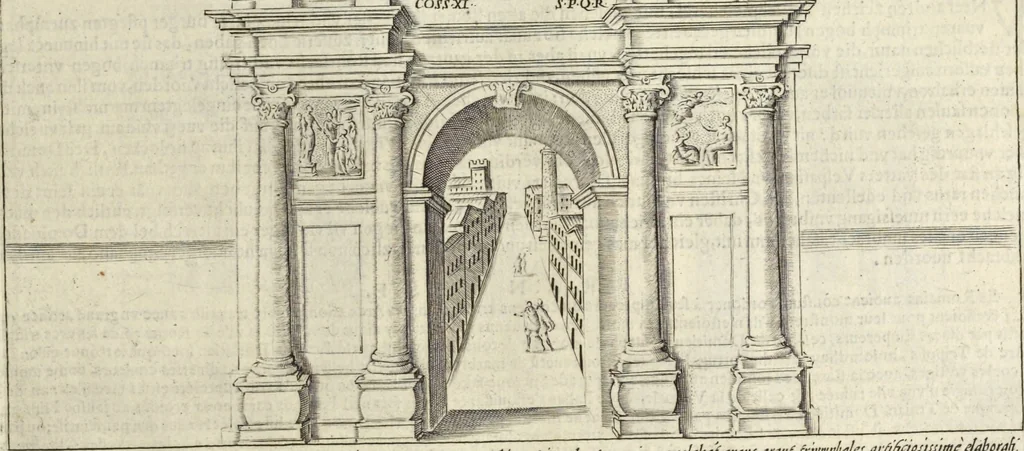 An illustration from Splendore dell'antica e moderna Roma : nel qvale si rappresentano tutti i principali tempii, teatri, anfiteatri, cerchi, naumachie, archi trionfali, obelischi, palagii, terme, curie, basiliche, fatti delli ré, consoli, dittatori, & imperadori romani : dignità ciuili, e militari, ordine de' trionfi, nomi di tutti i trionfanti, sacrificio militare; colonna Traiana, colonna Antonina, colonna milliaria, colonna rostrata, & colonna bellica; con li più segnalati giardini de gli antichi, e moderni Romani & altre cose notabili, con fatti, & imprese di quelli, da'quali sono stati eretti, e dedicati. : et in questa vltima impressione abbellito di molti disegni antichi, e moderni; & aggiuntoui le descrittioni delle figure cauate dall'antichi medaglie de gl'imperadori, in quatto linguagi latino, italiano, tedesco, e francese, per vtilità commune, 1641, leaf 160