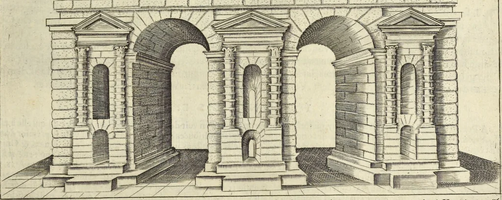 An illustration from Splendore dell'antica e moderna Roma : nel qvale si rappresentano tutti i principali tempii, teatri, anfiteatri, cerchi, naumachie, archi trionfali, obelischi, palagii, terme, curie, basiliche, fatti delli ré, consoli, dittatori, & imperadori romani : dignità ciuili, e militari, ordine de' trionfi, nomi di tutti i trionfanti, sacrificio militare; colonna Traiana, colonna Antonina, colonna milliaria, colonna rostrata, & colonna bellica; con li più segnalati giardini de gli antichi, e moderni Romani & altre cose notabili, con fatti, & imprese di quelli, da'quali sono stati eretti, e dedicati. : et in questa vltima impressione abbellito di molti disegni antichi, e moderni; & aggiuntoui le descrittioni delle figure cauate dall'antichi medaglie de gl'imperadori, in quatto linguagi latino, italiano, tedesco, e francese, per vtilità commune, 1641, leaf 162