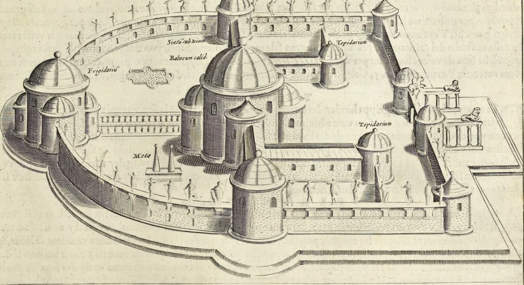 An illustration from Splendore dell'antica e moderna Roma : nel qvale si rappresentano tutti i principali tempii, teatri, anfiteatri, cerchi, naumachie, archi trionfali, obelischi, palagii, terme, curie, basiliche, fatti delli ré, consoli, dittatori, & imperadori romani : dignità ciuili, e militari, ordine de' trionfi, nomi di tutti i trionfanti, sacrificio militare; colonna Traiana, colonna Antonina, colonna milliaria, colonna rostrata, & colonna bellica; con li più segnalati giardini de gli antichi, e moderni Romani & altre cose notabili, con fatti, & imprese di quelli, da'quali sono stati eretti, e dedicati. : et in questa vltima impressione abbellito di molti disegni antichi, e moderni; & aggiuntoui le descrittioni delle figure cauate dall'antichi medaglie de gl'imperadori, in quatto linguagi latino, italiano, tedesco, e francese, per vtilità commune, 1641, leaf 164
