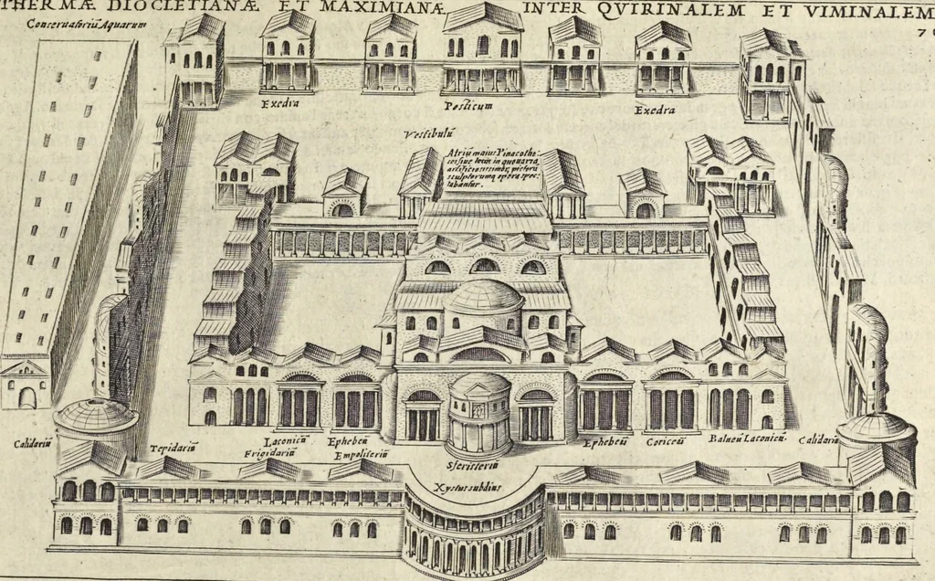 An illustration from Splendore dell'antica e moderna Roma : nel qvale si rappresentano tutti i principali tempii, teatri, anfiteatri, cerchi, naumachie, archi trionfali, obelischi, palagii, terme, curie, basiliche, fatti delli ré, consoli, dittatori, & imperadori romani : dignità ciuili, e militari, ordine de' trionfi, nomi di tutti i trionfanti, sacrificio militare; colonna Traiana, colonna Antonina, colonna milliaria, colonna rostrata, & colonna bellica; con li più segnalati giardini de gli antichi, e moderni Romani & altre cose notabili, con fatti, & imprese di quelli, da'quali sono stati eretti, e dedicati. : et in questa vltima impressione abbellito di molti disegni antichi, e moderni; & aggiuntoui le descrittioni delle figure cauate dall'antichi medaglie de gl'imperadori, in quatto linguagi latino, italiano, tedesco, e francese, per vtilità commune, 1641, leaf 166