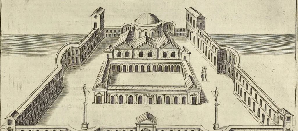 An illustration from Splendore dell'antica e moderna Roma : nel qvale si rappresentano tutti i principali tempii, teatri, anfiteatri, cerchi, naumachie, archi trionfali, obelischi, palagii, terme, curie, basiliche, fatti delli ré, consoli, dittatori, & imperadori romani : dignità ciuili, e militari, ordine de' trionfi, nomi di tutti i trionfanti, sacrificio militare; colonna Traiana, colonna Antonina, colonna milliaria, colonna rostrata, & colonna bellica; con li più segnalati giardini de gli antichi, e moderni Romani & altre cose notabili, con fatti, & imprese di quelli, da'quali sono stati eretti, e dedicati. : et in questa vltima impressione abbellito di molti disegni antichi, e moderni; & aggiuntoui le descrittioni delle figure cauate dall'antichi medaglie de gl'imperadori, in quatto linguagi latino, italiano, tedesco, e francese, per vtilità commune, 1641, leaf 168