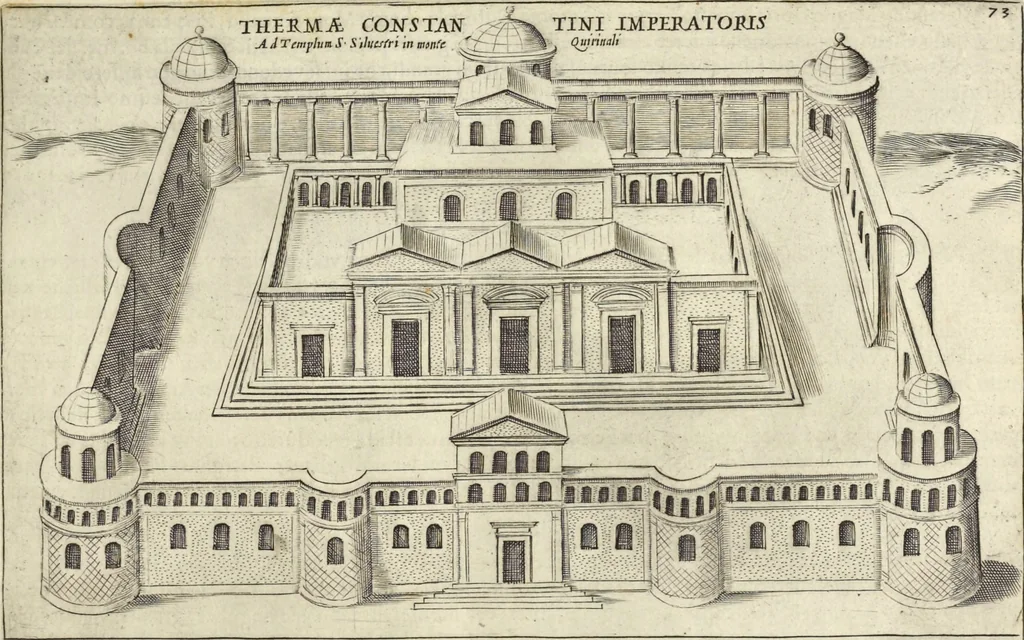 An illustration from Splendore dell'antica e moderna Roma : nel qvale si rappresentano tutti i principali tempii, teatri, anfiteatri, cerchi, naumachie, archi trionfali, obelischi, palagii, terme, curie, basiliche, fatti delli ré, consoli, dittatori, & imperadori romani : dignità ciuili, e militari, ordine de' trionfi, nomi di tutti i trionfanti, sacrificio militare; colonna Traiana, colonna Antonina, colonna milliaria, colonna rostrata, & colonna bellica; con li più segnalati giardini de gli antichi, e moderni Romani & altre cose notabili, con fatti, & imprese di quelli, da'quali sono stati eretti, e dedicati. : et in questa vltima impressione abbellito di molti disegni antichi, e moderni; & aggiuntoui le descrittioni delle figure cauate dall'antichi medaglie de gl'imperadori, in quatto linguagi latino, italiano, tedesco, e francese, per vtilità commune, 1641, leaf 172