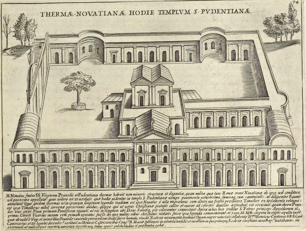 An illustration from Splendore dell'antica e moderna Roma : nel qvale si rappresentano tutti i principali tempii, teatri, anfiteatri, cerchi, naumachie, archi trionfali, obelischi, palagii, terme, curie, basiliche, fatti delli ré, consoli, dittatori, & imperadori romani : dignità ciuili, e militari, ordine de' trionfi, nomi di tutti i trionfanti, sacrificio militare; colonna Traiana, colonna Antonina, colonna milliaria, colonna rostrata, & colonna bellica; con li più segnalati giardini de gli antichi, e moderni Romani & altre cose notabili, con fatti, & imprese di quelli, da'quali sono stati eretti, e dedicati. : et in questa vltima impressione abbellito di molti disegni antichi, e moderni; & aggiuntoui le descrittioni delle figure cauate dall'antichi medaglie de gl'imperadori, in quatto linguagi latino, italiano, tedesco, e francese, per vtilità commune, 1641, leaf 174