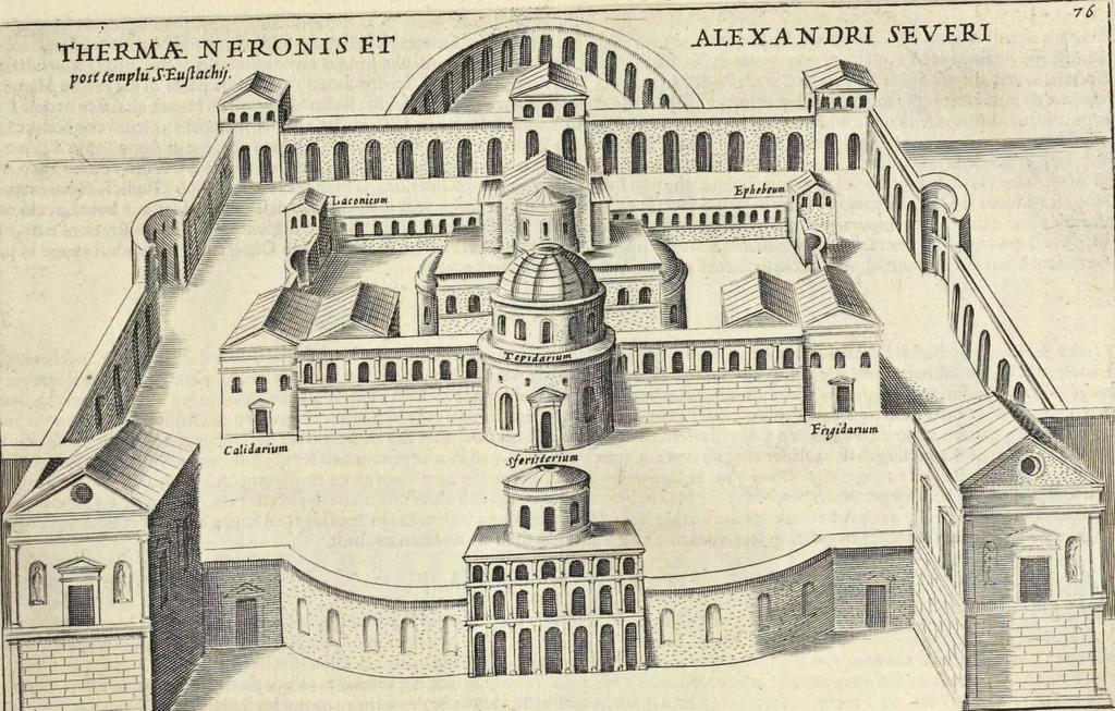 An illustration from Splendore dell'antica e moderna Roma : nel qvale si rappresentano tutti i principali tempii, teatri, anfiteatri, cerchi, naumachie, archi trionfali, obelischi, palagii, terme, curie, basiliche, fatti delli ré, consoli, dittatori, & imperadori romani : dignità ciuili, e militari, ordine de' trionfi, nomi di tutti i trionfanti, sacrificio militare; colonna Traiana, colonna Antonina, colonna milliaria, colonna rostrata, & colonna bellica; con li più segnalati giardini de gli antichi, e moderni Romani & altre cose notabili, con fatti, & imprese di quelli, da'quali sono stati eretti, e dedicati. : et in questa vltima impressione abbellito di molti disegni antichi, e moderni; & aggiuntoui le descrittioni delle figure cauate dall'antichi medaglie de gl'imperadori, in quatto linguagi latino, italiano, tedesco, e francese, per vtilità commune, 1641, leaf 178
