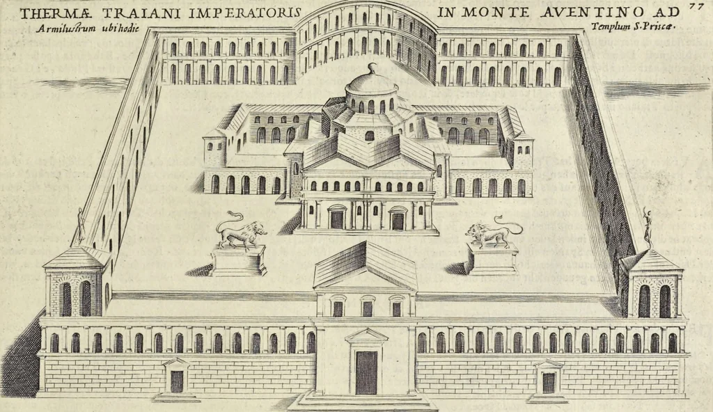 An illustration from Splendore dell'antica e moderna Roma : nel qvale si rappresentano tutti i principali tempii, teatri, anfiteatri, cerchi, naumachie, archi trionfali, obelischi, palagii, terme, curie, basiliche, fatti delli ré, consoli, dittatori, & imperadori romani : dignità ciuili, e militari, ordine de' trionfi, nomi di tutti i trionfanti, sacrificio militare; colonna Traiana, colonna Antonina, colonna milliaria, colonna rostrata, & colonna bellica; con li più segnalati giardini de gli antichi, e moderni Romani & altre cose notabili, con fatti, & imprese di quelli, da'quali sono stati eretti, e dedicati. : et in questa vltima impressione abbellito di molti disegni antichi, e moderni; & aggiuntoui le descrittioni delle figure cauate dall'antichi medaglie de gl'imperadori, in quatto linguagi latino, italiano, tedesco, e francese, per vtilità commune, 1641, leaf 180