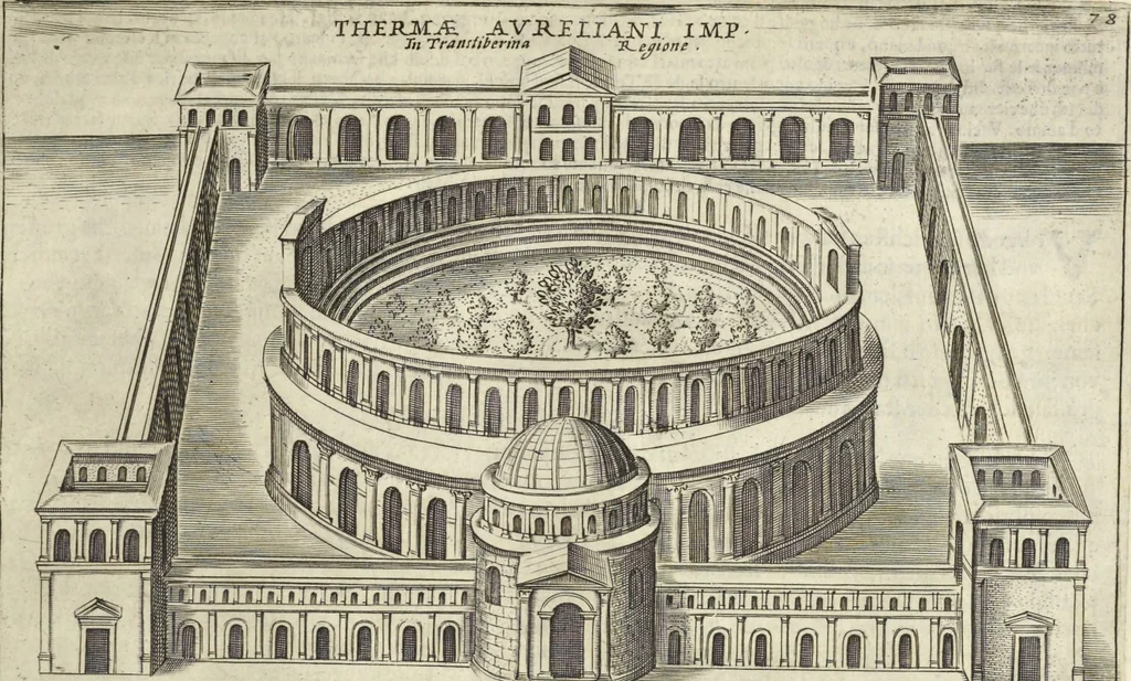 An illustration from Splendore dell'antica e moderna Roma : nel qvale si rappresentano tutti i principali tempii, teatri, anfiteatri, cerchi, naumachie, archi trionfali, obelischi, palagii, terme, curie, basiliche, fatti delli ré, consoli, dittatori, & imperadori romani : dignità ciuili, e militari, ordine de' trionfi, nomi di tutti i trionfanti, sacrificio militare; colonna Traiana, colonna Antonina, colonna milliaria, colonna rostrata, & colonna bellica; con li più segnalati giardini de gli antichi, e moderni Romani & altre cose notabili, con fatti, & imprese di quelli, da'quali sono stati eretti, e dedicati. : et in questa vltima impressione abbellito di molti disegni antichi, e moderni; & aggiuntoui le descrittioni delle figure cauate dall'antichi medaglie de gl'imperadori, in quatto linguagi latino, italiano, tedesco, e francese, per vtilità commune, 1641, leaf 182