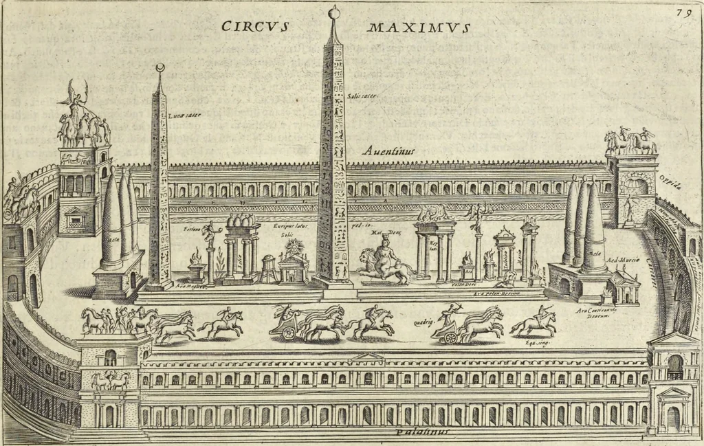 An illustration from Splendore dell'antica e moderna Roma : nel qvale si rappresentano tutti i principali tempii, teatri, anfiteatri, cerchi, naumachie, archi trionfali, obelischi, palagii, terme, curie, basiliche, fatti delli ré, consoli, dittatori, & imperadori romani : dignità ciuili, e militari, ordine de' trionfi, nomi di tutti i trionfanti, sacrificio militare; colonna Traiana, colonna Antonina, colonna milliaria, colonna rostrata, & colonna bellica; con li più segnalati giardini de gli antichi, e moderni Romani & altre cose notabili, con fatti, & imprese di quelli, da'quali sono stati eretti, e dedicati. : et in questa vltima impressione abbellito di molti disegni antichi, e moderni; & aggiuntoui le descrittioni delle figure cauate dall'antichi medaglie de gl'imperadori, in quatto linguagi latino, italiano, tedesco, e francese, per vtilità commune, 1641, leaf 184