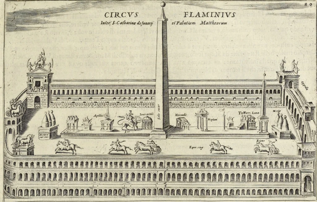 An illustration from Splendore dell'antica e moderna Roma : nel qvale si rappresentano tutti i principali tempii, teatri, anfiteatri, cerchi, naumachie, archi trionfali, obelischi, palagii, terme, curie, basiliche, fatti delli ré, consoli, dittatori, & imperadori romani : dignità ciuili, e militari, ordine de' trionfi, nomi di tutti i trionfanti, sacrificio militare; colonna Traiana, colonna Antonina, colonna milliaria, colonna rostrata, & colonna bellica; con li più segnalati giardini de gli antichi, e moderni Romani & altre cose notabili, con fatti, & imprese di quelli, da'quali sono stati eretti, e dedicati. : et in questa vltima impressione abbellito di molti disegni antichi, e moderni; & aggiuntoui le descrittioni delle figure cauate dall'antichi medaglie de gl'imperadori, in quatto linguagi latino, italiano, tedesco, e francese, per vtilità commune, 1641, leaf 186