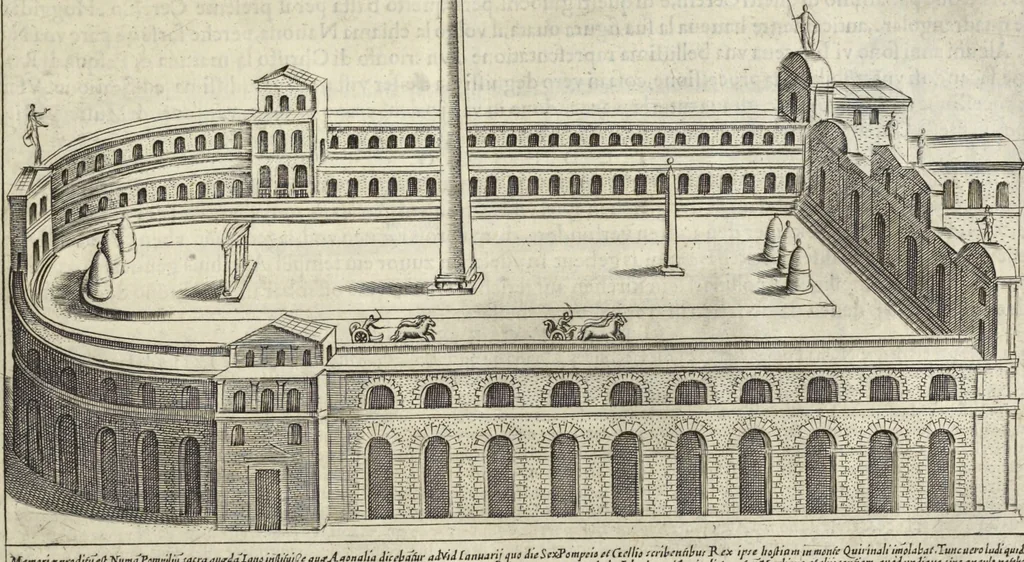 An illustration from Splendore dell'antica e moderna Roma : nel qvale si rappresentano tutti i principali tempii, teatri, anfiteatri, cerchi, naumachie, archi trionfali, obelischi, palagii, terme, curie, basiliche, fatti delli ré, consoli, dittatori, & imperadori romani : dignità ciuili, e militari, ordine de' trionfi, nomi di tutti i trionfanti, sacrificio militare; colonna Traiana, colonna Antonina, colonna milliaria, colonna rostrata, & colonna bellica; con li più segnalati giardini de gli antichi, e moderni Romani & altre cose notabili, con fatti, & imprese di quelli, da'quali sono stati eretti, e dedicati. : et in questa vltima impressione abbellito di molti disegni antichi, e moderni; & aggiuntoui le descrittioni delle figure cauate dall'antichi medaglie de gl'imperadori, in quatto linguagi latino, italiano, tedesco, e francese, per vtilità commune, 1641, leaf 188