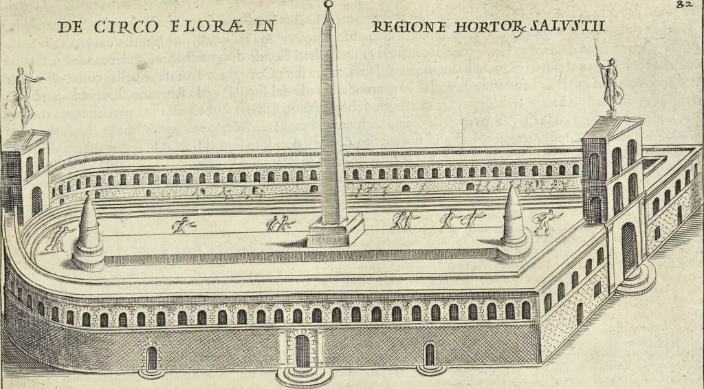 An illustration from Splendore dell'antica e moderna Roma : nel qvale si rappresentano tutti i principali tempii, teatri, anfiteatri, cerchi, naumachie, archi trionfali, obelischi, palagii, terme, curie, basiliche, fatti delli ré, consoli, dittatori, & imperadori romani : dignità ciuili, e militari, ordine de' trionfi, nomi di tutti i trionfanti, sacrificio militare; colonna Traiana, colonna Antonina, colonna milliaria, colonna rostrata, & colonna bellica; con li più segnalati giardini de gli antichi, e moderni Romani & altre cose notabili, con fatti, & imprese di quelli, da'quali sono stati eretti, e dedicati. : et in questa vltima impressione abbellito di molti disegni antichi, e moderni; & aggiuntoui le descrittioni delle figure cauate dall'antichi medaglie de gl'imperadori, in quatto linguagi latino, italiano, tedesco, e francese, per vtilità commune, 1641, leaf 190