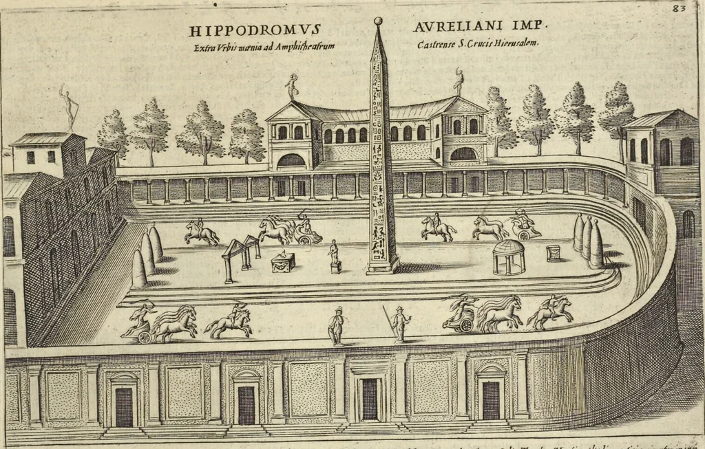 An illustration from Splendore dell'antica e moderna Roma : nel qvale si rappresentano tutti i principali tempii, teatri, anfiteatri, cerchi, naumachie, archi trionfali, obelischi, palagii, terme, curie, basiliche, fatti delli ré, consoli, dittatori, & imperadori romani : dignità ciuili, e militari, ordine de' trionfi, nomi di tutti i trionfanti, sacrificio militare; colonna Traiana, colonna Antonina, colonna milliaria, colonna rostrata, & colonna bellica; con li più segnalati giardini de gli antichi, e moderni Romani & altre cose notabili, con fatti, & imprese di quelli, da'quali sono stati eretti, e dedicati. : et in questa vltima impressione abbellito di molti disegni antichi, e moderni; & aggiuntoui le descrittioni delle figure cauate dall'antichi medaglie de gl'imperadori, in quatto linguagi latino, italiano, tedesco, e francese, per vtilità commune, 1641, leaf 192