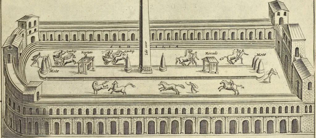 An illustration from Splendore dell'antica e moderna Roma : nel qvale si rappresentano tutti i principali tempii, teatri, anfiteatri, cerchi, naumachie, archi trionfali, obelischi, palagii, terme, curie, basiliche, fatti delli ré, consoli, dittatori, & imperadori romani : dignità ciuili, e militari, ordine de' trionfi, nomi di tutti i trionfanti, sacrificio militare; colonna Traiana, colonna Antonina, colonna milliaria, colonna rostrata, & colonna bellica; con li più segnalati giardini de gli antichi, e moderni Romani & altre cose notabili, con fatti, & imprese di quelli, da'quali sono stati eretti, e dedicati. : et in questa vltima impressione abbellito di molti disegni antichi, e moderni; & aggiuntoui le descrittioni delle figure cauate dall'antichi medaglie de gl'imperadori, in quatto linguagi latino, italiano, tedesco, e francese, per vtilità commune, 1641, leaf 194