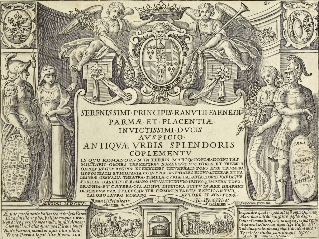 An illustration from Splendore dell'antica e moderna Roma : nel qvale si rappresentano tutti i principali tempii, teatri, anfiteatri, cerchi, naumachie, archi trionfali, obelischi, palagii, terme, curie, basiliche, fatti delli ré, consoli, dittatori, & imperadori romani : dignità ciuili, e militari, ordine de' trionfi, nomi di tutti i trionfanti, sacrificio militare; colonna Traiana, colonna Antonina, colonna milliaria, colonna rostrata, & colonna bellica; con li più segnalati giardini de gli antichi, e moderni Romani & altre cose notabili, con fatti, & imprese di quelli, da'quali sono stati eretti, e dedicati. : et in questa vltima impressione abbellito di molti disegni antichi, e moderni; & aggiuntoui le descrittioni delle figure cauate dall'antichi medaglie de gl'imperadori, in quatto linguagi latino, italiano, tedesco, e francese, per vtilità commune, 1641, leaf 196