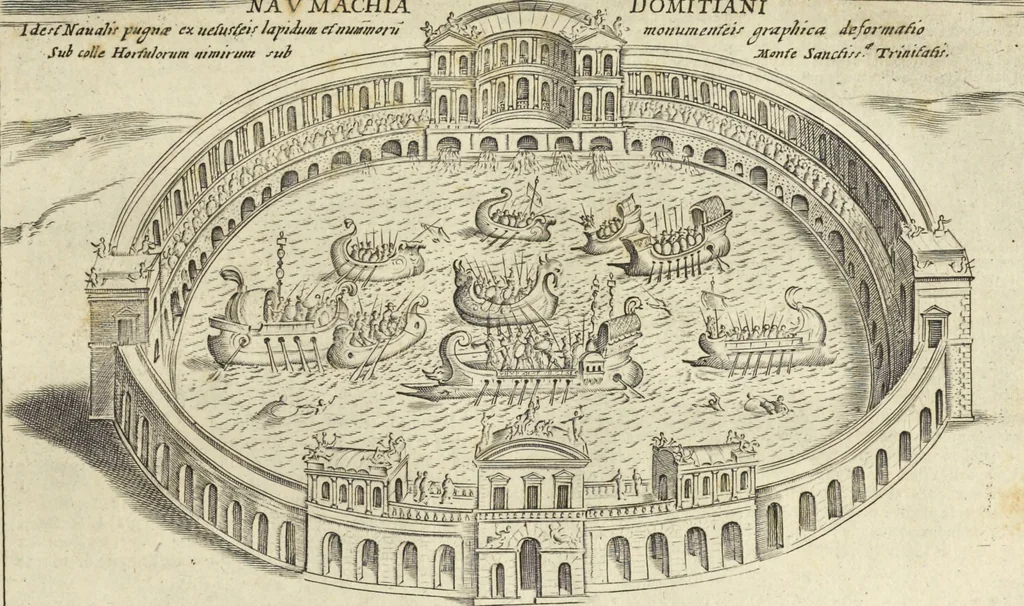 An illustration from Splendore dell'antica e moderna Roma : nel qvale si rappresentano tutti i principali tempii, teatri, anfiteatri, cerchi, naumachie, archi trionfali, obelischi, palagii, terme, curie, basiliche, fatti delli ré, consoli, dittatori, & imperadori romani : dignità ciuili, e militari, ordine de' trionfi, nomi di tutti i trionfanti, sacrificio militare; colonna Traiana, colonna Antonina, colonna milliaria, colonna rostrata, & colonna bellica; con li più segnalati giardini de gli antichi, e moderni Romani & altre cose notabili, con fatti, & imprese di quelli, da'quali sono stati eretti, e dedicati. : et in questa vltima impressione abbellito di molti disegni antichi, e moderni; & aggiuntoui le descrittioni delle figure cauate dall'antichi medaglie de gl'imperadori, in quatto linguagi latino, italiano, tedesco, e francese, per vtilità commune, 1641, leaf 198