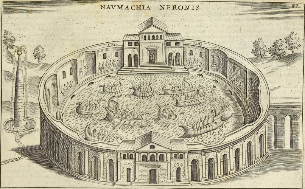An illustration from Splendore dell'antica e moderna Roma : nel qvale si rappresentano tutti i principali tempii, teatri, anfiteatri, cerchi, naumachie, archi trionfali, obelischi, palagii, terme, curie, basiliche, fatti delli ré, consoli, dittatori, & imperadori romani : dignità ciuili, e militari, ordine de' trionfi, nomi di tutti i trionfanti, sacrificio militare; colonna Traiana, colonna Antonina, colonna milliaria, colonna rostrata, & colonna bellica; con li più segnalati giardini de gli antichi, e moderni Romani & altre cose notabili, con fatti, & imprese di quelli, da'quali sono stati eretti, e dedicati. : et in questa vltima impressione abbellito di molti disegni antichi, e moderni; & aggiuntoui le descrittioni delle figure cauate dall'antichi medaglie de gl'imperadori, in quatto linguagi latino, italiano, tedesco, e francese, per vtilità commune, 1641, leaf 200
