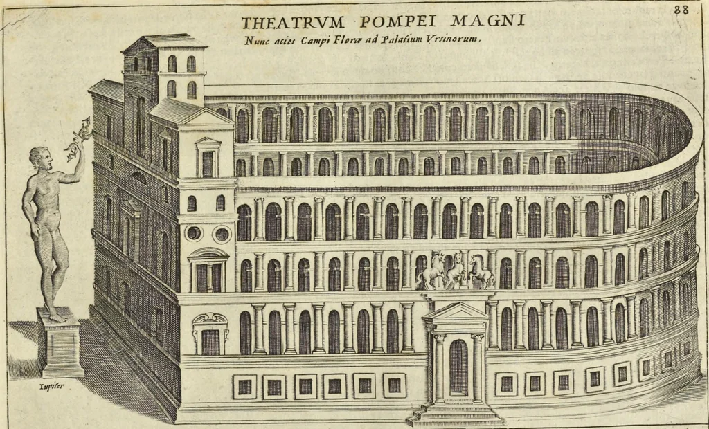 An illustration from Splendore dell'antica e moderna Roma : nel qvale si rappresentano tutti i principali tempii, teatri, anfiteatri, cerchi, naumachie, archi trionfali, obelischi, palagii, terme, curie, basiliche, fatti delli ré, consoli, dittatori, & imperadori romani : dignità ciuili, e militari, ordine de' trionfi, nomi di tutti i trionfanti, sacrificio militare; colonna Traiana, colonna Antonina, colonna milliaria, colonna rostrata, & colonna bellica; con li più segnalati giardini de gli antichi, e moderni Romani & altre cose notabili, con fatti, & imprese di quelli, da'quali sono stati eretti, e dedicati. : et in questa vltima impressione abbellito di molti disegni antichi, e moderni; & aggiuntoui le descrittioni delle figure cauate dall'antichi medaglie de gl'imperadori, in quatto linguagi latino, italiano, tedesco, e francese, per vtilità commune, 1641, leaf 202