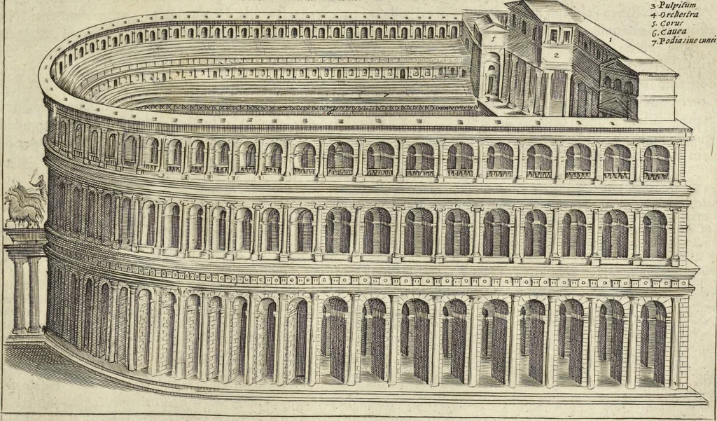 An illustration from Splendore dell'antica e moderna Roma : nel qvale si rappresentano tutti i principali tempii, teatri, anfiteatri, cerchi, naumachie, archi trionfali, obelischi, palagii, terme, curie, basiliche, fatti delli ré, consoli, dittatori, & imperadori romani : dignità ciuili, e militari, ordine de' trionfi, nomi di tutti i trionfanti, sacrificio militare; colonna Traiana, colonna Antonina, colonna milliaria, colonna rostrata, & colonna bellica; con li più segnalati giardini de gli antichi, e moderni Romani & altre cose notabili, con fatti, & imprese di quelli, da'quali sono stati eretti, e dedicati. : et in questa vltima impressione abbellito di molti disegni antichi, e moderni; & aggiuntoui le descrittioni delle figure cauate dall'antichi medaglie de gl'imperadori, in quatto linguagi latino, italiano, tedesco, e francese, per vtilità commune, 1641, leaf 204