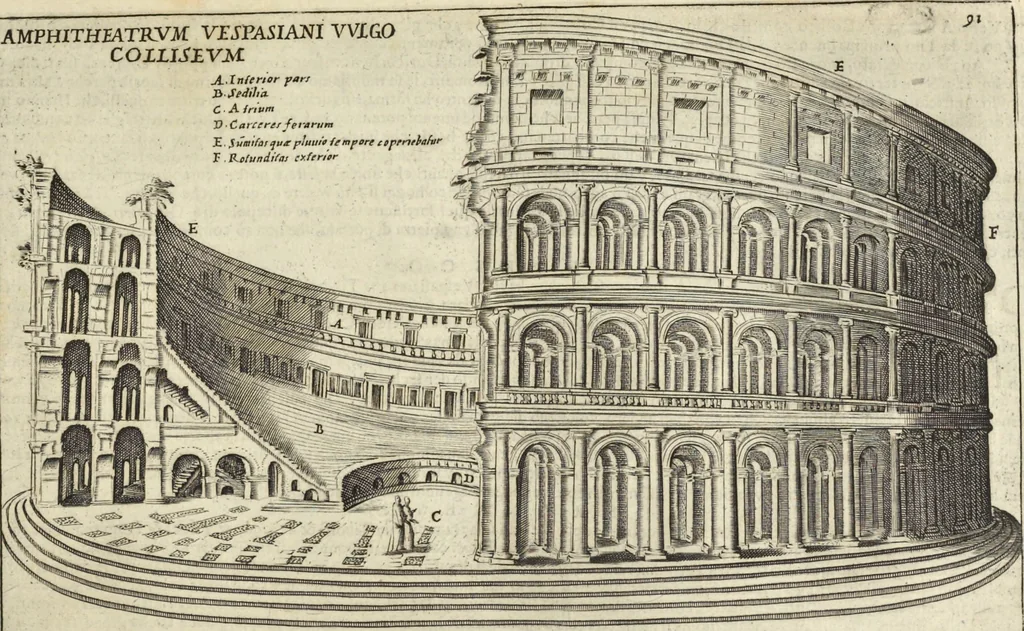 An illustration from Splendore dell'antica e moderna Roma : nel qvale si rappresentano tutti i principali tempii, teatri, anfiteatri, cerchi, naumachie, archi trionfali, obelischi, palagii, terme, curie, basiliche, fatti delli ré, consoli, dittatori, & imperadori romani : dignità ciuili, e militari, ordine de' trionfi, nomi di tutti i trionfanti, sacrificio militare; colonna Traiana, colonna Antonina, colonna milliaria, colonna rostrata, & colonna bellica; con li più segnalati giardini de gli antichi, e moderni Romani & altre cose notabili, con fatti, & imprese di quelli, da'quali sono stati eretti, e dedicati. : et in questa vltima impressione abbellito di molti disegni antichi, e moderni; & aggiuntoui le descrittioni delle figure cauate dall'antichi medaglie de gl'imperadori, in quatto linguagi latino, italiano, tedesco, e francese, per vtilità commune, 1641, leaf 208