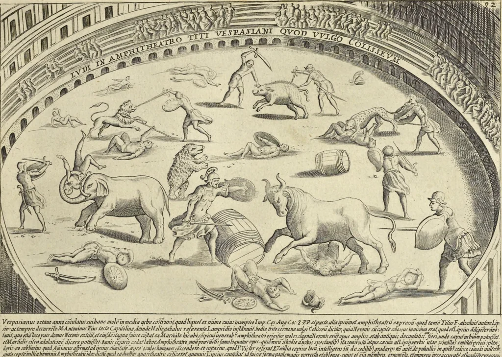 An illustration from Splendore dell'antica e moderna Roma : nel qvale si rappresentano tutti i principali tempii, teatri, anfiteatri, cerchi, naumachie, archi trionfali, obelischi, palagii, terme, curie, basiliche, fatti delli ré, consoli, dittatori, & imperadori romani : dignità ciuili, e militari, ordine de' trionfi, nomi di tutti i trionfanti, sacrificio militare; colonna Traiana, colonna Antonina, colonna milliaria, colonna rostrata, & colonna bellica; con li più segnalati giardini de gli antichi, e moderni Romani & altre cose notabili, con fatti, & imprese di quelli, da'quali sono stati eretti, e dedicati. : et in questa vltima impressione abbellito di molti disegni antichi, e moderni; & aggiuntoui le descrittioni delle figure cauate dall'antichi medaglie de gl'imperadori, in quatto linguagi latino, italiano, tedesco, e francese, per vtilità commune, 1641, leaf 210