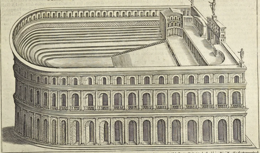 An illustration from Splendore dell'antica e moderna Roma : nel qvale si rappresentano tutti i principali tempii, teatri, anfiteatri, cerchi, naumachie, archi trionfali, obelischi, palagii, terme, curie, basiliche, fatti delli ré, consoli, dittatori, & imperadori romani : dignità ciuili, e militari, ordine de' trionfi, nomi di tutti i trionfanti, sacrificio militare; colonna Traiana, colonna Antonina, colonna milliaria, colonna rostrata, & colonna bellica; con li più segnalati giardini de gli antichi, e moderni Romani & altre cose notabili, con fatti, & imprese di quelli, da'quali sono stati eretti, e dedicati. : et in questa vltima impressione abbellito di molti disegni antichi, e moderni; & aggiuntoui le descrittioni delle figure cauate dall'antichi medaglie de gl'imperadori, in quatto linguagi latino, italiano, tedesco, e francese, per vtilità commune, 1641, leaf 212