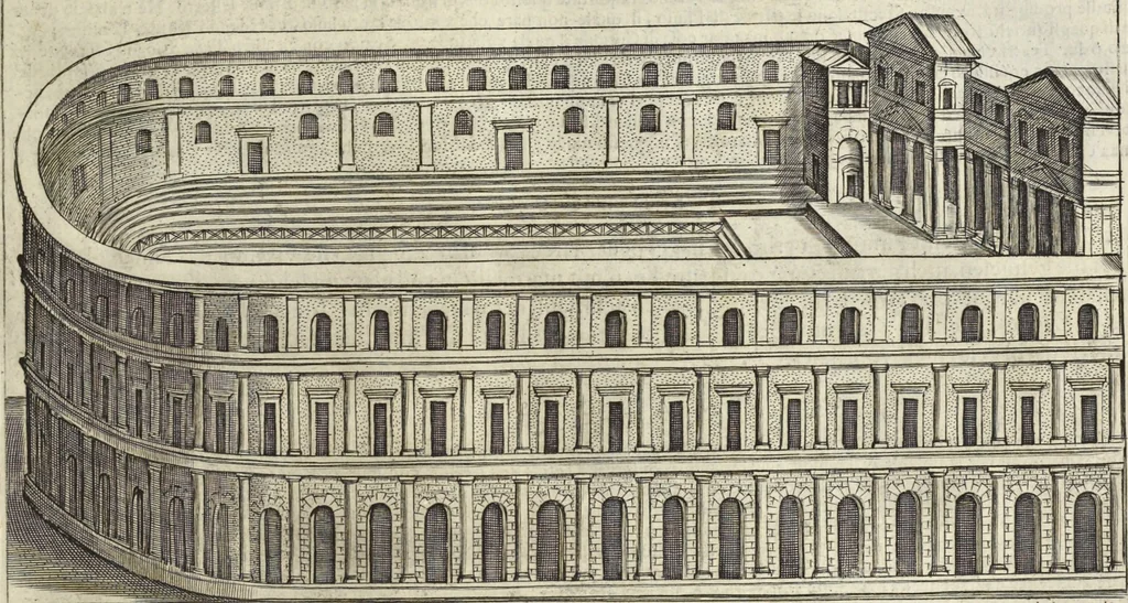 An illustration from Splendore dell'antica e moderna Roma : nel qvale si rappresentano tutti i principali tempii, teatri, anfiteatri, cerchi, naumachie, archi trionfali, obelischi, palagii, terme, curie, basiliche, fatti delli ré, consoli, dittatori, & imperadori romani : dignità ciuili, e militari, ordine de' trionfi, nomi di tutti i trionfanti, sacrificio militare; colonna Traiana, colonna Antonina, colonna milliaria, colonna rostrata, & colonna bellica; con li più segnalati giardini de gli antichi, e moderni Romani & altre cose notabili, con fatti, & imprese di quelli, da'quali sono stati eretti, e dedicati. : et in questa vltima impressione abbellito di molti disegni antichi, e moderni; & aggiuntoui le descrittioni delle figure cauate dall'antichi medaglie de gl'imperadori, in quatto linguagi latino, italiano, tedesco, e francese, per vtilità commune, 1641, leaf 214