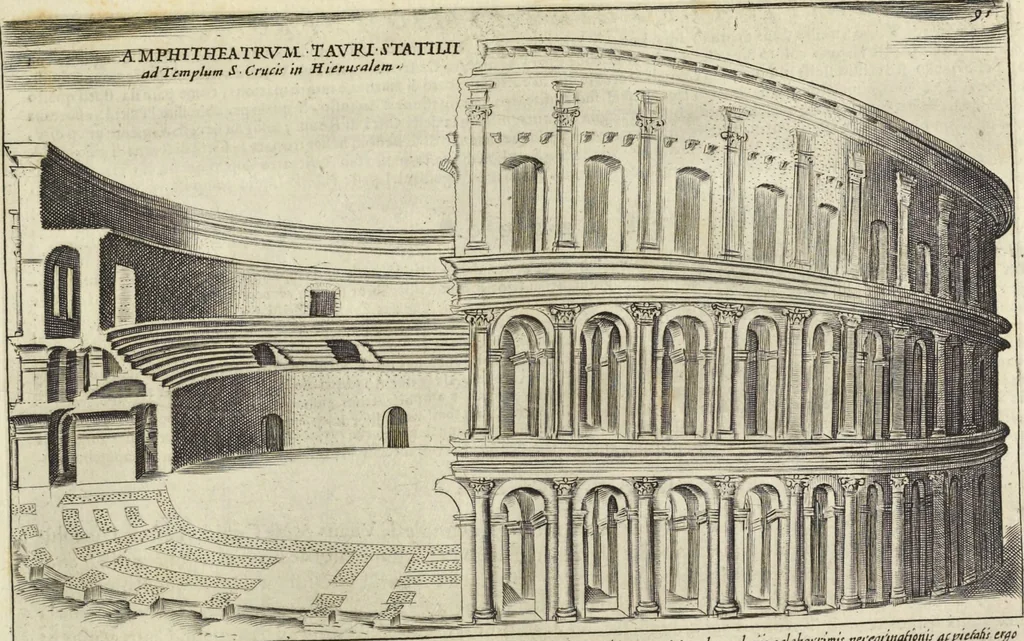 An illustration from Splendore dell'antica e moderna Roma : nel qvale si rappresentano tutti i principali tempii, teatri, anfiteatri, cerchi, naumachie, archi trionfali, obelischi, palagii, terme, curie, basiliche, fatti delli ré, consoli, dittatori, & imperadori romani : dignità ciuili, e militari, ordine de' trionfi, nomi di tutti i trionfanti, sacrificio militare; colonna Traiana, colonna Antonina, colonna milliaria, colonna rostrata, & colonna bellica; con li più segnalati giardini de gli antichi, e moderni Romani & altre cose notabili, con fatti, & imprese di quelli, da'quali sono stati eretti, e dedicati. : et in questa vltima impressione abbellito di molti disegni antichi, e moderni; & aggiuntoui le descrittioni delle figure cauate dall'antichi medaglie de gl'imperadori, in quatto linguagi latino, italiano, tedesco, e francese, per vtilità commune, 1641, leaf 216