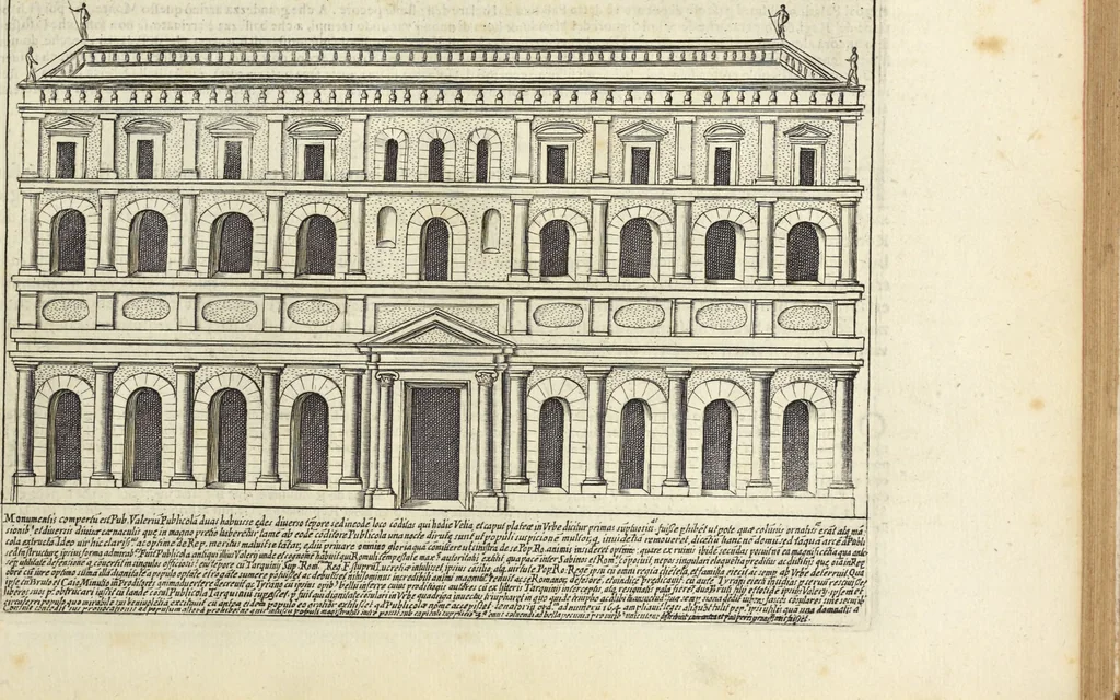 An illustration from Splendore dell'antica e moderna Roma : nel qvale si rappresentano tutti i principali tempii, teatri, anfiteatri, cerchi, naumachie, archi trionfali, obelischi, palagii, terme, curie, basiliche, fatti delli ré, consoli, dittatori, & imperadori romani : dignità ciuili, e militari, ordine de' trionfi, nomi di tutti i trionfanti, sacrificio militare; colonna Traiana, colonna Antonina, colonna milliaria, colonna rostrata, & colonna bellica; con li più segnalati giardini de gli antichi, e moderni Romani & altre cose notabili, con fatti, & imprese di quelli, da'quali sono stati eretti, e dedicati. : et in questa vltima impressione abbellito di molti disegni antichi, e moderni; & aggiuntoui le descrittioni delle figure cauate dall'antichi medaglie de gl'imperadori, in quatto linguagi latino, italiano, tedesco, e francese, per vtilità commune, 1641, leaf 218
