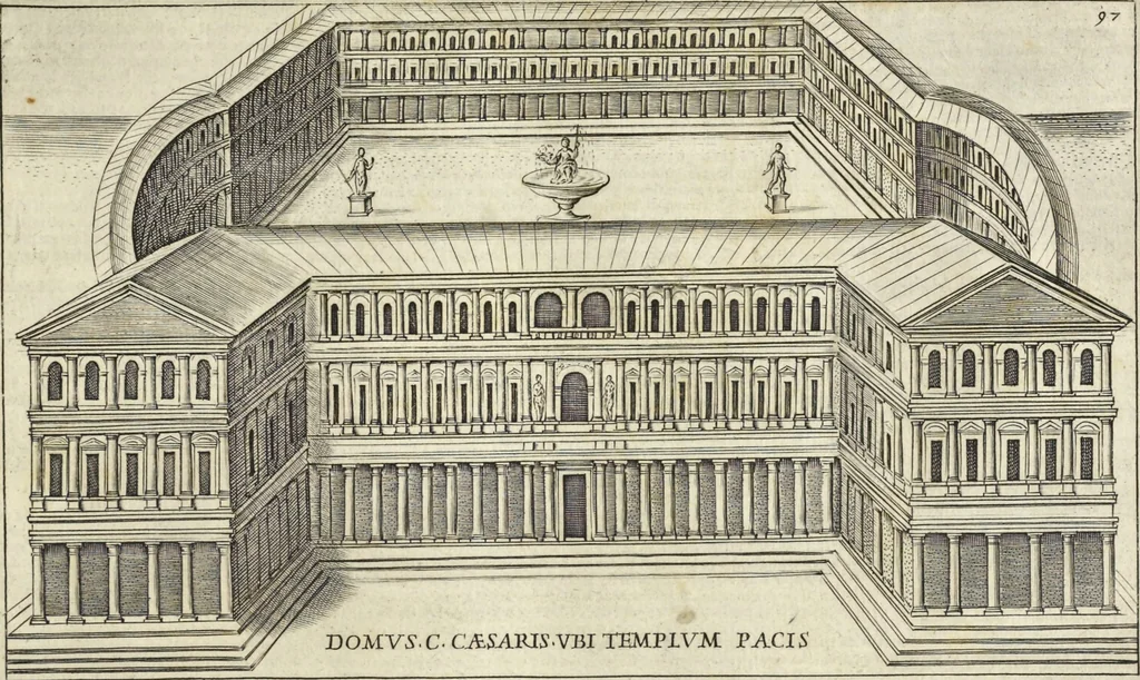 An illustration from Splendore dell'antica e moderna Roma : nel qvale si rappresentano tutti i principali tempii, teatri, anfiteatri, cerchi, naumachie, archi trionfali, obelischi, palagii, terme, curie, basiliche, fatti delli ré, consoli, dittatori, & imperadori romani : dignità ciuili, e militari, ordine de' trionfi, nomi di tutti i trionfanti, sacrificio militare; colonna Traiana, colonna Antonina, colonna milliaria, colonna rostrata, & colonna bellica; con li più segnalati giardini de gli antichi, e moderni Romani & altre cose notabili, con fatti, & imprese di quelli, da'quali sono stati eretti, e dedicati. : et in questa vltima impressione abbellito di molti disegni antichi, e moderni; & aggiuntoui le descrittioni delle figure cauate dall'antichi medaglie de gl'imperadori, in quatto linguagi latino, italiano, tedesco, e francese, per vtilità commune, 1641, leaf 220