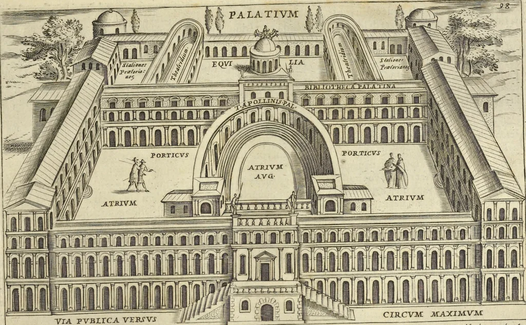 An illustration from Splendore dell'antica e moderna Roma : nel qvale si rappresentano tutti i principali tempii, teatri, anfiteatri, cerchi, naumachie, archi trionfali, obelischi, palagii, terme, curie, basiliche, fatti delli ré, consoli, dittatori, & imperadori romani : dignità ciuili, e militari, ordine de' trionfi, nomi di tutti i trionfanti, sacrificio militare; colonna Traiana, colonna Antonina, colonna milliaria, colonna rostrata, & colonna bellica; con li più segnalati giardini de gli antichi, e moderni Romani & altre cose notabili, con fatti, & imprese di quelli, da'quali sono stati eretti, e dedicati. : et in questa vltima impressione abbellito di molti disegni antichi, e moderni; & aggiuntoui le descrittioni delle figure cauate dall'antichi medaglie de gl'imperadori, in quatto linguagi latino, italiano, tedesco, e francese, per vtilità commune, 1641, leaf 222