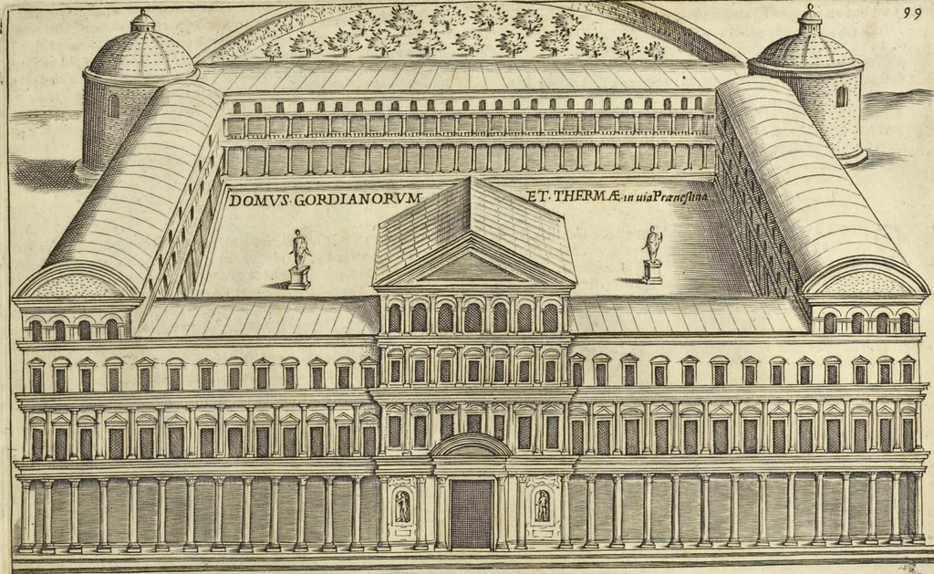 An illustration from Splendore dell'antica e moderna Roma : nel qvale si rappresentano tutti i principali tempii, teatri, anfiteatri, cerchi, naumachie, archi trionfali, obelischi, palagii, terme, curie, basiliche, fatti delli ré, consoli, dittatori, & imperadori romani : dignità ciuili, e militari, ordine de' trionfi, nomi di tutti i trionfanti, sacrificio militare; colonna Traiana, colonna Antonina, colonna milliaria, colonna rostrata, & colonna bellica; con li più segnalati giardini de gli antichi, e moderni Romani & altre cose notabili, con fatti, & imprese di quelli, da'quali sono stati eretti, e dedicati. : et in questa vltima impressione abbellito di molti disegni antichi, e moderni; & aggiuntoui le descrittioni delle figure cauate dall'antichi medaglie de gl'imperadori, in quatto linguagi latino, italiano, tedesco, e francese, per vtilità commune, 1641, leaf 224