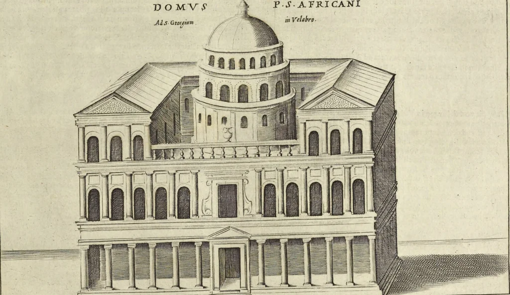 An illustration from Splendore dell'antica e moderna Roma : nel qvale si rappresentano tutti i principali tempii, teatri, anfiteatri, cerchi, naumachie, archi trionfali, obelischi, palagii, terme, curie, basiliche, fatti delli ré, consoli, dittatori, & imperadori romani : dignità ciuili, e militari, ordine de' trionfi, nomi di tutti i trionfanti, sacrificio militare; colonna Traiana, colonna Antonina, colonna milliaria, colonna rostrata, & colonna bellica; con li più segnalati giardini de gli antichi, e moderni Romani & altre cose notabili, con fatti, & imprese di quelli, da'quali sono stati eretti, e dedicati. : et in questa vltima impressione abbellito di molti disegni antichi, e moderni; & aggiuntoui le descrittioni delle figure cauate dall'antichi medaglie de gl'imperadori, in quatto linguagi latino, italiano, tedesco, e francese, per vtilità commune, 1641, leaf 226
