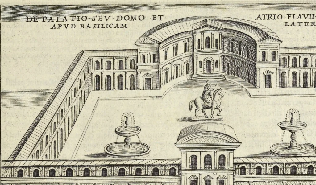 An illustration from Splendore dell'antica e moderna Roma : nel qvale si rappresentano tutti i principali tempii, teatri, anfiteatri, cerchi, naumachie, archi trionfali, obelischi, palagii, terme, curie, basiliche, fatti delli ré, consoli, dittatori, & imperadori romani : dignità ciuili, e militari, ordine de' trionfi, nomi di tutti i trionfanti, sacrificio militare; colonna Traiana, colonna Antonina, colonna milliaria, colonna rostrata, & colonna bellica; con li più segnalati giardini de gli antichi, e moderni Romani & altre cose notabili, con fatti, & imprese di quelli, da'quali sono stati eretti, e dedicati. : et in questa vltima impressione abbellito di molti disegni antichi, e moderni; & aggiuntoui le descrittioni delle figure cauate dall'antichi medaglie de gl'imperadori, in quatto linguagi latino, italiano, tedesco, e francese, per vtilità commune, 1641, leaf 230