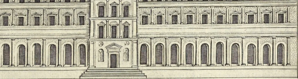 An illustration from Splendore dell'antica e moderna Roma : nel qvale si rappresentano tutti i principali tempii, teatri, anfiteatri, cerchi, naumachie, archi trionfali, obelischi, palagii, terme, curie, basiliche, fatti delli ré, consoli, dittatori, & imperadori romani : dignità ciuili, e militari, ordine de' trionfi, nomi di tutti i trionfanti, sacrificio militare; colonna Traiana, colonna Antonina, colonna milliaria, colonna rostrata, & colonna bellica; con li più segnalati giardini de gli antichi, e moderni Romani & altre cose notabili, con fatti, & imprese di quelli, da'quali sono stati eretti, e dedicati. : et in questa vltima impressione abbellito di molti disegni antichi, e moderni; & aggiuntoui le descrittioni delle figure cauate dall'antichi medaglie de gl'imperadori, in quatto linguagi latino, italiano, tedesco, e francese, per vtilità commune, 1641, leaf 230