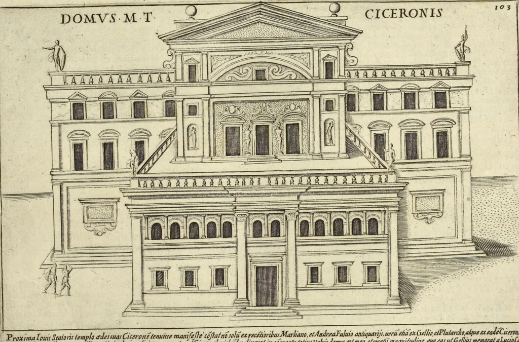 An illustration from Splendore dell'antica e moderna Roma : nel qvale si rappresentano tutti i principali tempii, teatri, anfiteatri, cerchi, naumachie, archi trionfali, obelischi, palagii, terme, curie, basiliche, fatti delli ré, consoli, dittatori, & imperadori romani : dignità ciuili, e militari, ordine de' trionfi, nomi di tutti i trionfanti, sacrificio militare; colonna Traiana, colonna Antonina, colonna milliaria, colonna rostrata, & colonna bellica; con li più segnalati giardini de gli antichi, e moderni Romani & altre cose notabili, con fatti, & imprese di quelli, da'quali sono stati eretti, e dedicati. : et in questa vltima impressione abbellito di molti disegni antichi, e moderni; & aggiuntoui le descrittioni delle figure cauate dall'antichi medaglie de gl'imperadori, in quatto linguagi latino, italiano, tedesco, e francese, per vtilità commune, 1641, leaf 232