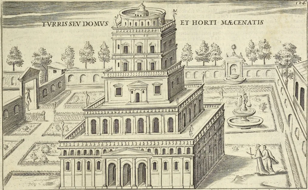 An illustration from Splendore dell'antica e moderna Roma : nel qvale si rappresentano tutti i principali tempii, teatri, anfiteatri, cerchi, naumachie, archi trionfali, obelischi, palagii, terme, curie, basiliche, fatti delli ré, consoli, dittatori, & imperadori romani : dignità ciuili, e militari, ordine de' trionfi, nomi di tutti i trionfanti, sacrificio militare; colonna Traiana, colonna Antonina, colonna milliaria, colonna rostrata, & colonna bellica; con li più segnalati giardini de gli antichi, e moderni Romani & altre cose notabili, con fatti, & imprese di quelli, da'quali sono stati eretti, e dedicati. : et in questa vltima impressione abbellito di molti disegni antichi, e moderni; & aggiuntoui le descrittioni delle figure cauate dall'antichi medaglie de gl'imperadori, in quatto linguagi latino, italiano, tedesco, e francese, per vtilità commune, 1641, leaf 234