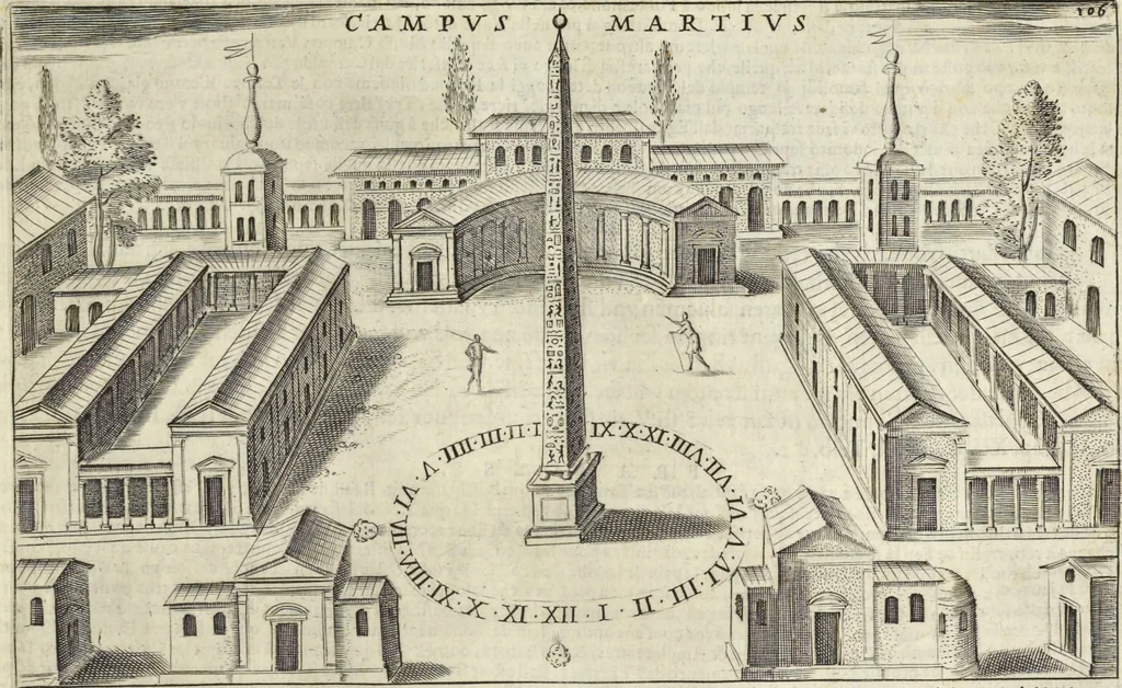 An illustration from Splendore dell'antica e moderna Roma : nel qvale si rappresentano tutti i principali tempii, teatri, anfiteatri, cerchi, naumachie, archi trionfali, obelischi, palagii, terme, curie, basiliche, fatti delli ré, consoli, dittatori, & imperadori romani : dignità ciuili, e militari, ordine de' trionfi, nomi di tutti i trionfanti, sacrificio militare; colonna Traiana, colonna Antonina, colonna milliaria, colonna rostrata, & colonna bellica; con li più segnalati giardini de gli antichi, e moderni Romani & altre cose notabili, con fatti, & imprese di quelli, da'quali sono stati eretti, e dedicati. : et in questa vltima impressione abbellito di molti disegni antichi, e moderni; & aggiuntoui le descrittioni delle figure cauate dall'antichi medaglie de gl'imperadori, in quatto linguagi latino, italiano, tedesco, e francese, per vtilità commune, 1641, leaf 238
