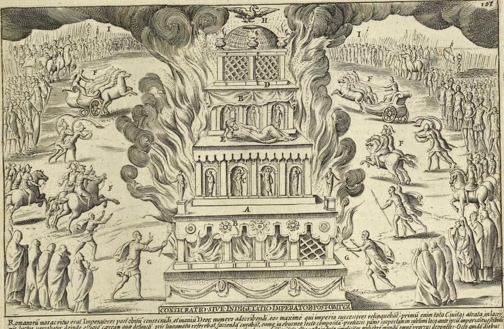 An illustration from Splendore dell'antica e moderna Roma : nel qvale si rappresentano tutti i principali tempii, teatri, anfiteatri, cerchi, naumachie, archi trionfali, obelischi, palagii, terme, curie, basiliche, fatti delli ré, consoli, dittatori, & imperadori romani : dignità ciuili, e militari, ordine de' trionfi, nomi di tutti i trionfanti, sacrificio militare; colonna Traiana, colonna Antonina, colonna milliaria, colonna rostrata, & colonna bellica; con li più segnalati giardini de gli antichi, e moderni Romani & altre cose notabili, con fatti, & imprese di quelli, da'quali sono stati eretti, e dedicati. : et in questa vltima impressione abbellito di molti disegni antichi, e moderni; & aggiuntoui le descrittioni delle figure cauate dall'antichi medaglie de gl'imperadori, in quatto linguagi latino, italiano, tedesco, e francese, per vtilità commune, 1641, leaf 240