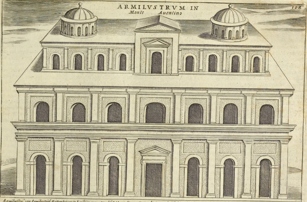 An illustration from Splendore dell'antica e moderna Roma : nel qvale si rappresentano tutti i principali tempii, teatri, anfiteatri, cerchi, naumachie, archi trionfali, obelischi, palagii, terme, curie, basiliche, fatti delli ré, consoli, dittatori, & imperadori romani : dignità ciuili, e militari, ordine de' trionfi, nomi di tutti i trionfanti, sacrificio militare; colonna Traiana, colonna Antonina, colonna milliaria, colonna rostrata, & colonna bellica; con li più segnalati giardini de gli antichi, e moderni Romani & altre cose notabili, con fatti, & imprese di quelli, da'quali sono stati eretti, e dedicati. : et in questa vltima impressione abbellito di molti disegni antichi, e moderni; & aggiuntoui le descrittioni delle figure cauate dall'antichi medaglie de gl'imperadori, in quatto linguagi latino, italiano, tedesco, e francese, per vtilità commune, 1641, leaf 242