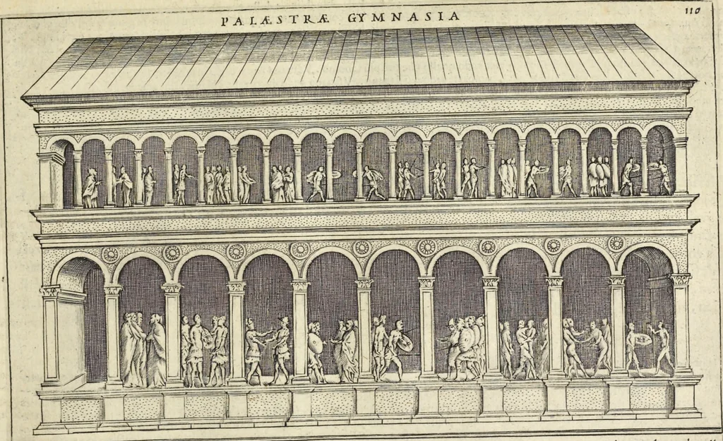 An illustration from Splendore dell'antica e moderna Roma : nel qvale si rappresentano tutti i principali tempii, teatri, anfiteatri, cerchi, naumachie, archi trionfali, obelischi, palagii, terme, curie, basiliche, fatti delli ré, consoli, dittatori, & imperadori romani : dignità ciuili, e militari, ordine de' trionfi, nomi di tutti i trionfanti, sacrificio militare; colonna Traiana, colonna Antonina, colonna milliaria, colonna rostrata, & colonna bellica; con li più segnalati giardini de gli antichi, e moderni Romani & altre cose notabili, con fatti, & imprese di quelli, da'quali sono stati eretti, e dedicati. : et in questa vltima impressione abbellito di molti disegni antichi, e moderni; & aggiuntoui le descrittioni delle figure cauate dall'antichi medaglie de gl'imperadori, in quatto linguagi latino, italiano, tedesco, e francese, per vtilità commune, 1641, leaf 246