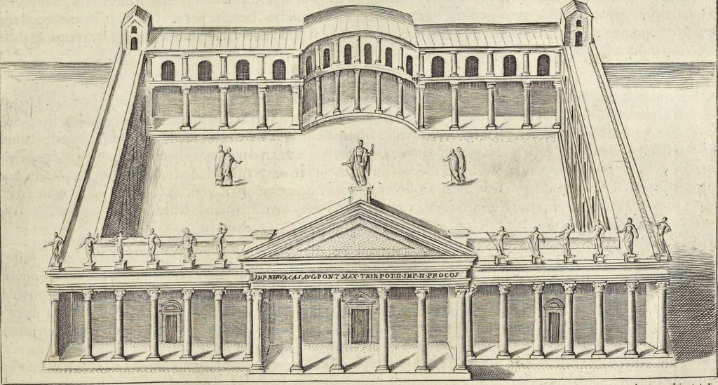 An illustration from Splendore dell'antica e moderna Roma : nel qvale si rappresentano tutti i principali tempii, teatri, anfiteatri, cerchi, naumachie, archi trionfali, obelischi, palagii, terme, curie, basiliche, fatti delli ré, consoli, dittatori, & imperadori romani : dignità ciuili, e militari, ordine de' trionfi, nomi di tutti i trionfanti, sacrificio militare; colonna Traiana, colonna Antonina, colonna milliaria, colonna rostrata, & colonna bellica; con li più segnalati giardini de gli antichi, e moderni Romani & altre cose notabili, con fatti, & imprese di quelli, da'quali sono stati eretti, e dedicati. : et in questa vltima impressione abbellito di molti disegni antichi, e moderni; & aggiuntoui le descrittioni delle figure cauate dall'antichi medaglie de gl'imperadori, in quatto linguagi latino, italiano, tedesco, e francese, per vtilità commune, 1641, leaf 248