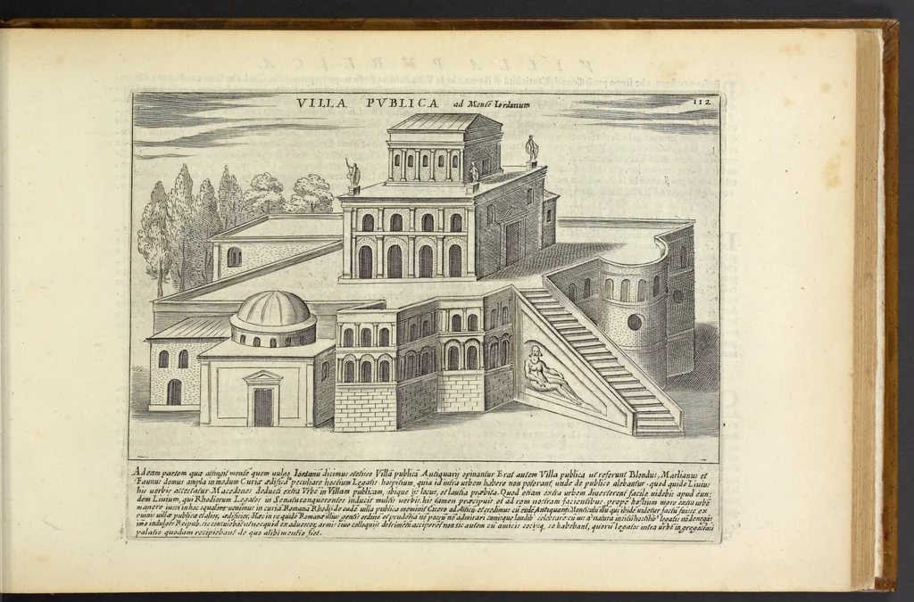 An illustration from Splendore dell'antica e moderna Roma : nel qvale si rappresentano tutti i principali tempii, teatri, anfiteatri, cerchi, naumachie, archi trionfali, obelischi, palagii, terme, curie, basiliche, fatti delli ré, consoli, dittatori, & imperadori romani : dignità ciuili, e militari, ordine de' trionfi, nomi di tutti i trionfanti, sacrificio militare; colonna Traiana, colonna Antonina, colonna milliaria, colonna rostrata, & colonna bellica; con li più segnalati giardini de gli antichi, e moderni Romani & altre cose notabili, con fatti, & imprese di quelli, da'quali sono stati eretti, e dedicati. : et in questa vltima impressione abbellito di molti disegni antichi, e moderni; & aggiuntoui le descrittioni delle figure cauate dall'antichi medaglie de gl'imperadori, in quatto linguagi latino, italiano, tedesco, e francese, per vtilità commune, 1641, leaf 250