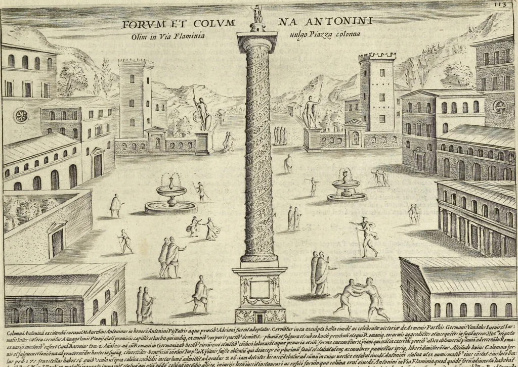 An illustration from Splendore dell'antica e moderna Roma : nel qvale si rappresentano tutti i principali tempii, teatri, anfiteatri, cerchi, naumachie, archi trionfali, obelischi, palagii, terme, curie, basiliche, fatti delli ré, consoli, dittatori, & imperadori romani : dignità ciuili, e militari, ordine de' trionfi, nomi di tutti i trionfanti, sacrificio militare; colonna Traiana, colonna Antonina, colonna milliaria, colonna rostrata, & colonna bellica; con li più segnalati giardini de gli antichi, e moderni Romani & altre cose notabili, con fatti, & imprese di quelli, da'quali sono stati eretti, e dedicati. : et in questa vltima impressione abbellito di molti disegni antichi, e moderni; & aggiuntoui le descrittioni delle figure cauate dall'antichi medaglie de gl'imperadori, in quatto linguagi latino, italiano, tedesco, e francese, per vtilità commune, 1641, leaf 252