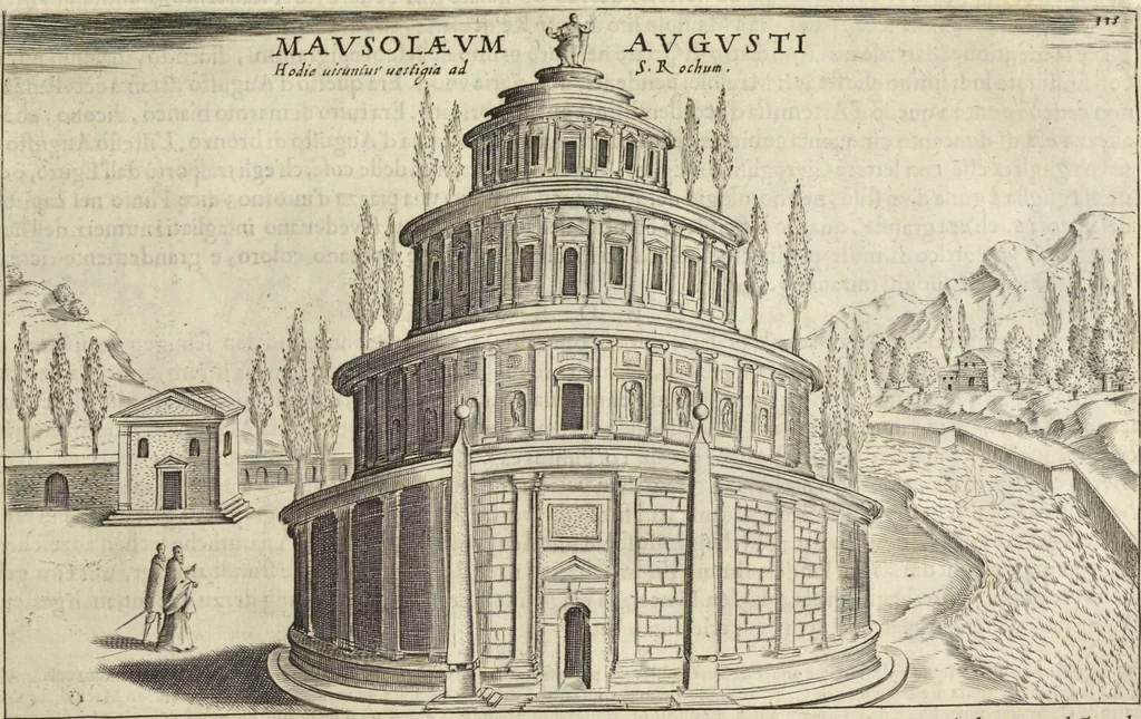 An illustration from Splendore dell'antica e moderna Roma : nel qvale si rappresentano tutti i principali tempii, teatri, anfiteatri, cerchi, naumachie, archi trionfali, obelischi, palagii, terme, curie, basiliche, fatti delli ré, consoli, dittatori, & imperadori romani : dignità ciuili, e militari, ordine de' trionfi, nomi di tutti i trionfanti, sacrificio militare; colonna Traiana, colonna Antonina, colonna milliaria, colonna rostrata, & colonna bellica; con li più segnalati giardini de gli antichi, e moderni Romani & altre cose notabili, con fatti, & imprese di quelli, da'quali sono stati eretti, e dedicati. : et in questa vltima impressione abbellito di molti disegni antichi, e moderni; & aggiuntoui le descrittioni delle figure cauate dall'antichi medaglie de gl'imperadori, in quatto linguagi latino, italiano, tedesco, e francese, per vtilità commune, 1641, leaf 256