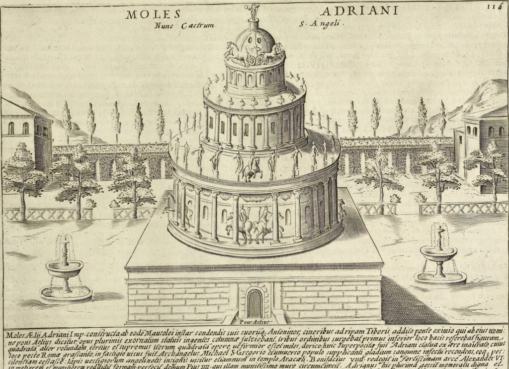 An illustration from Splendore dell'antica e moderna Roma : nel qvale si rappresentano tutti i principali tempii, teatri, anfiteatri, cerchi, naumachie, archi trionfali, obelischi, palagii, terme, curie, basiliche, fatti delli ré, consoli, dittatori, & imperadori romani : dignità ciuili, e militari, ordine de' trionfi, nomi di tutti i trionfanti, sacrificio militare; colonna Traiana, colonna Antonina, colonna milliaria, colonna rostrata, & colonna bellica; con li più segnalati giardini de gli antichi, e moderni Romani & altre cose notabili, con fatti, & imprese di quelli, da'quali sono stati eretti, e dedicati. : et in questa vltima impressione abbellito di molti disegni antichi, e moderni; & aggiuntoui le descrittioni delle figure cauate dall'antichi medaglie de gl'imperadori, in quatto linguagi latino, italiano, tedesco, e francese, per vtilità commune, 1641, leaf 258