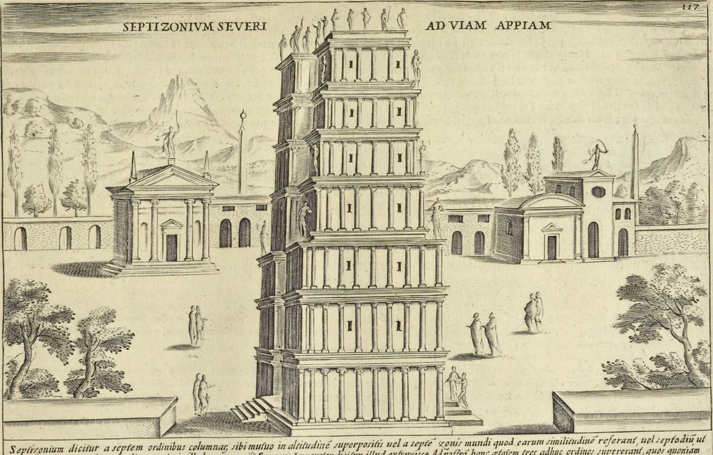An illustration from Splendore dell'antica e moderna Roma : nel qvale si rappresentano tutti i principali tempii, teatri, anfiteatri, cerchi, naumachie, archi trionfali, obelischi, palagii, terme, curie, basiliche, fatti delli ré, consoli, dittatori, & imperadori romani : dignità ciuili, e militari, ordine de' trionfi, nomi di tutti i trionfanti, sacrificio militare; colonna Traiana, colonna Antonina, colonna milliaria, colonna rostrata, & colonna bellica; con li più segnalati giardini de gli antichi, e moderni Romani & altre cose notabili, con fatti, & imprese di quelli, da'quali sono stati eretti, e dedicati. : et in questa vltima impressione abbellito di molti disegni antichi, e moderni; & aggiuntoui le descrittioni delle figure cauate dall'antichi medaglie de gl'imperadori, in quatto linguagi latino, italiano, tedesco, e francese, per vtilità commune, 1641, leaf 260