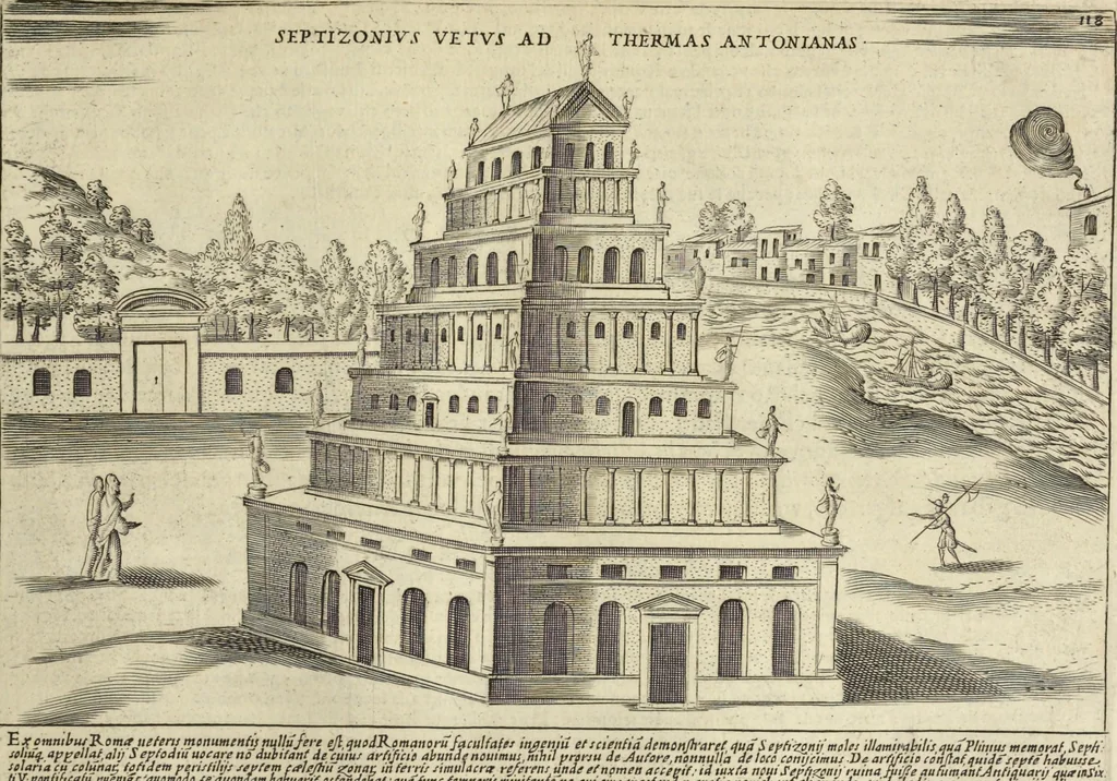 An illustration from Splendore dell'antica e moderna Roma : nel qvale si rappresentano tutti i principali tempii, teatri, anfiteatri, cerchi, naumachie, archi trionfali, obelischi, palagii, terme, curie, basiliche, fatti delli ré, consoli, dittatori, & imperadori romani : dignità ciuili, e militari, ordine de' trionfi, nomi di tutti i trionfanti, sacrificio militare; colonna Traiana, colonna Antonina, colonna milliaria, colonna rostrata, & colonna bellica; con li più segnalati giardini de gli antichi, e moderni Romani & altre cose notabili, con fatti, & imprese di quelli, da'quali sono stati eretti, e dedicati. : et in questa vltima impressione abbellito di molti disegni antichi, e moderni; & aggiuntoui le descrittioni delle figure cauate dall'antichi medaglie de gl'imperadori, in quatto linguagi latino, italiano, tedesco, e francese, per vtilità commune, 1641, leaf 262