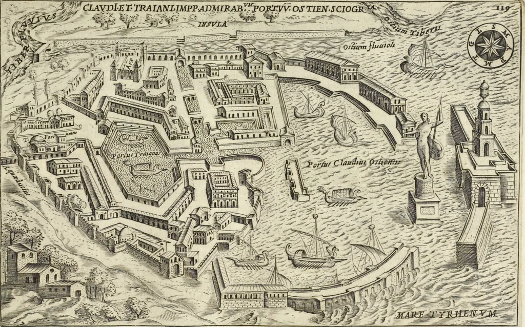 An illustration from Splendore dell'antica e moderna Roma : nel qvale si rappresentano tutti i principali tempii, teatri, anfiteatri, cerchi, naumachie, archi trionfali, obelischi, palagii, terme, curie, basiliche, fatti delli ré, consoli, dittatori, & imperadori romani : dignità ciuili, e militari, ordine de' trionfi, nomi di tutti i trionfanti, sacrificio militare; colonna Traiana, colonna Antonina, colonna milliaria, colonna rostrata, & colonna bellica; con li più segnalati giardini de gli antichi, e moderni Romani & altre cose notabili, con fatti, & imprese di quelli, da'quali sono stati eretti, e dedicati. : et in questa vltima impressione abbellito di molti disegni antichi, e moderni; & aggiuntoui le descrittioni delle figure cauate dall'antichi medaglie de gl'imperadori, in quatto linguagi latino, italiano, tedesco, e francese, per vtilità commune, 1641, leaf 264